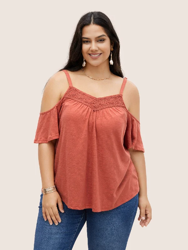Shop Before It’s Gone!Plain Cold Shoulder Adjustable Straps Lace Panel T-shirt