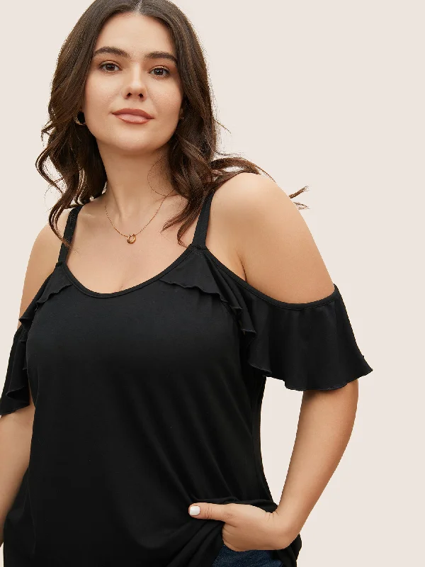 Sale Alert – Get Ready to Shop!Plain Cold Shoulder Ruffle Trim T-shirt
