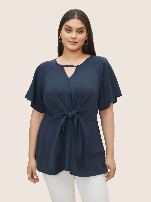 Buy One, Get One Free!Plain Keyhole Knotted Front Ruffle Sleeve Blouse