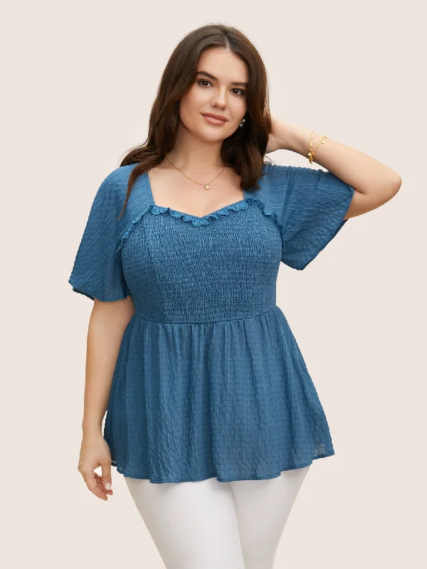 Every Deal is a Steal!Plain Textured Frill Trim Ruffle Sleeve Blouse