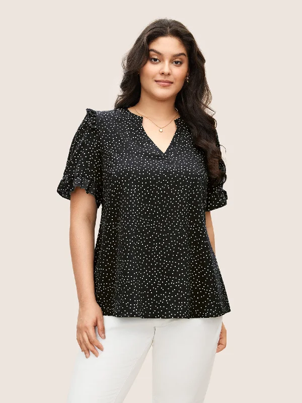 Shop Today, Save Tomorrow!Polka Dot V Neck Ruffle Trim Blouse