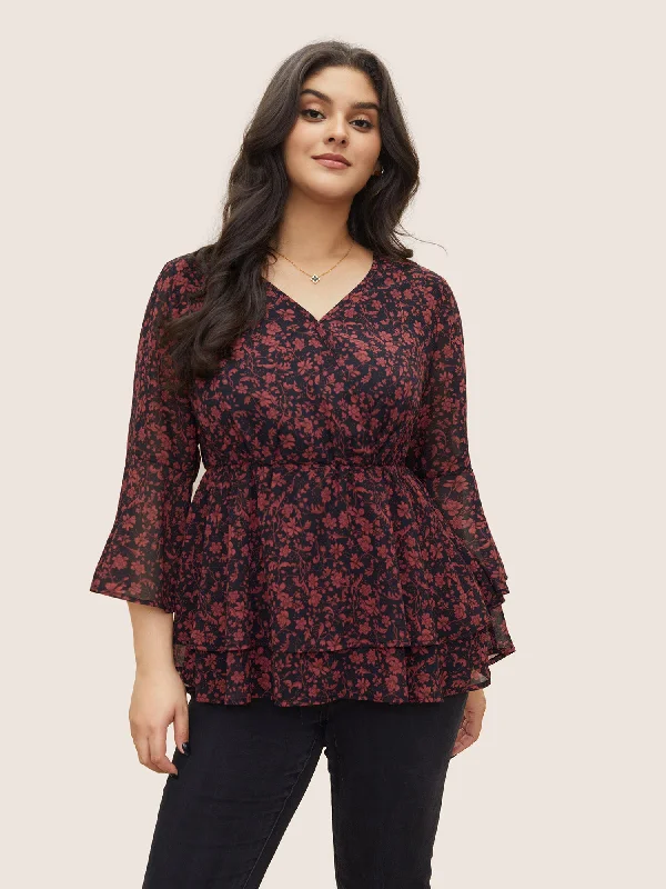 Shop Smart, Save Big!Silhouette Floral Print Wrap Mesh Bell Sleeve Blouse