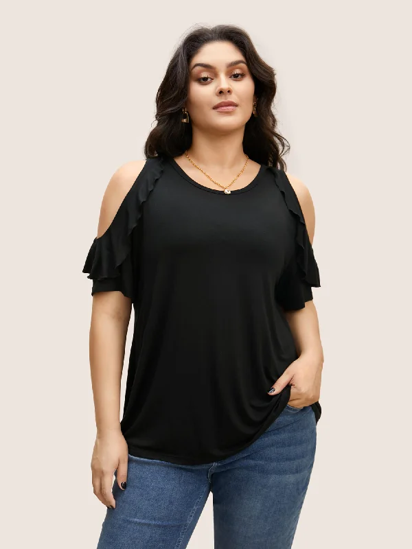 Your Chance to Save is Now!Solid Cold Shoulder Ruffle Trim T-shirt