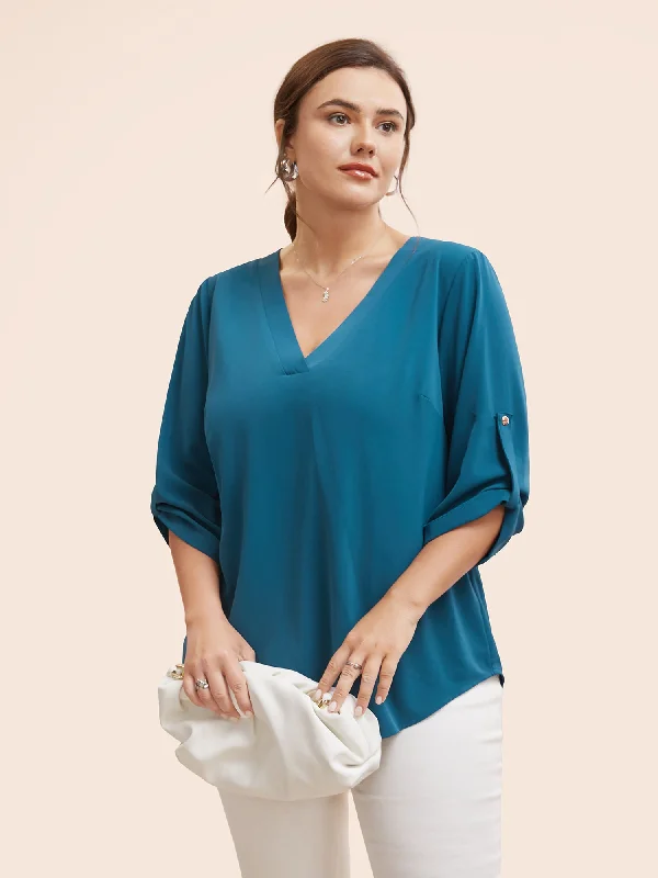 The Sale You’ve Been Waiting For!Solid Cuffed Sleeve Gathered Curved Hem Blouse