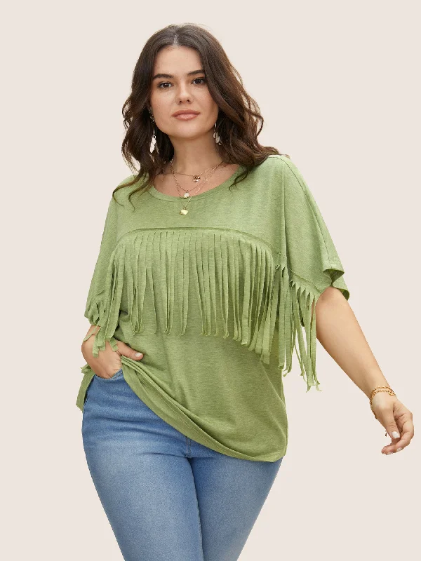 Price Drops You’ll Love!Solid Fringe Trim Batwing Sleeve T-shirt