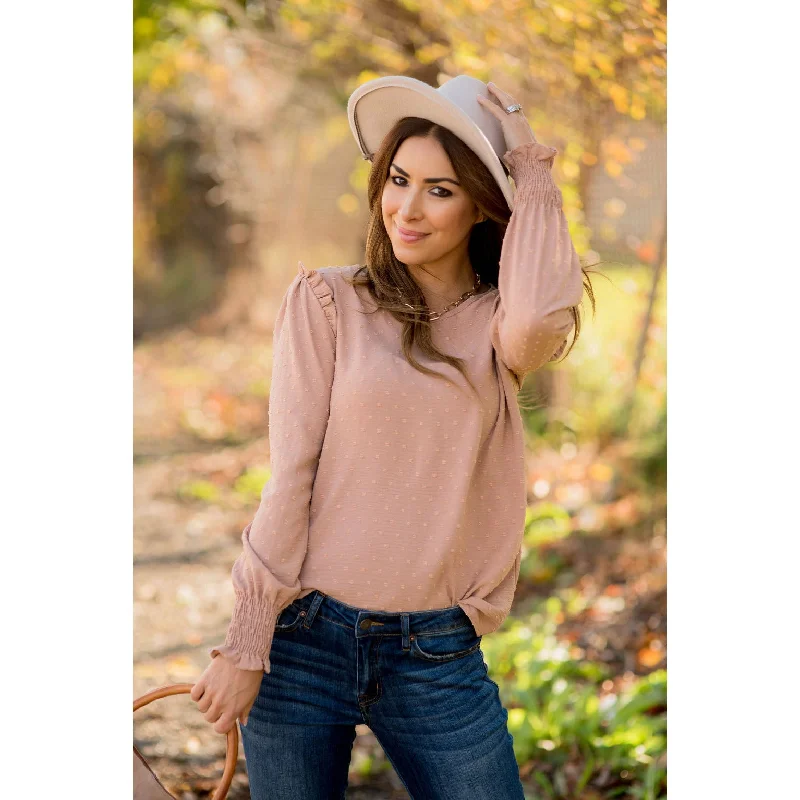New Discounts Just Dropped!Swiss Dotted Ruffle Shoulder Blouse