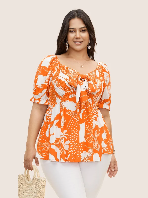 Get More, Spend Less – Shop Now!Tropical Print Bowknot Shirred Lantern Sleeve Blouse Get More, Spend Less – Shop Now!Tropical Print Bowknot Shirred Lantern Sleeve Blouse