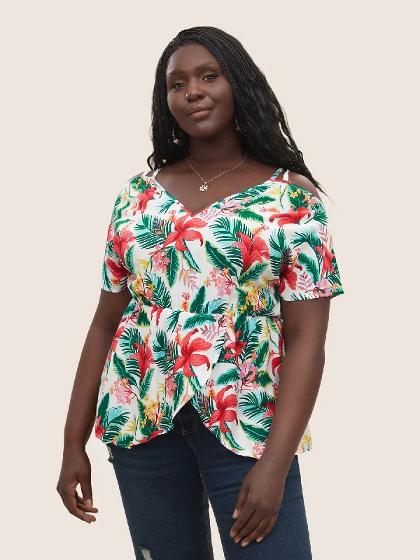 Exclusive Savings This Week!Tropical Print Elastic Waist Cold Shoulder Wrap Hem Blouse Exclusive Savings This Week!Tropical Print Elastic Waist Cold Shoulder Wrap Hem Blouse