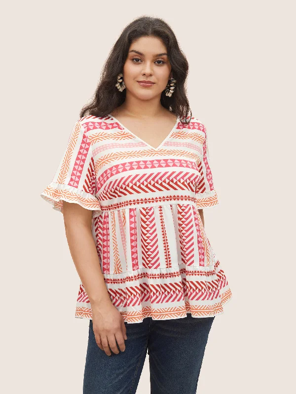Flash Sale – Act Fast!V Neck Geometric Patchwork Ruffles Blouse