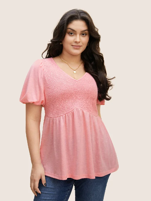 Find Your Perfect Deal Today!V Neck Shirred Lantern Sleeve T-shirt