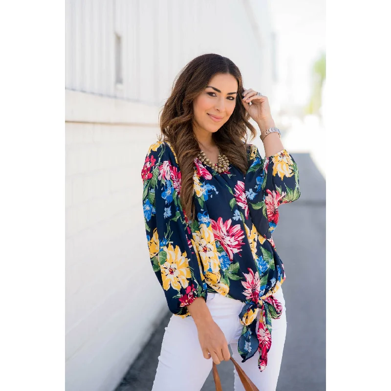 Unbeatable Prices!3/4 Cinched Sleeve Floral Bottom Tie Blouse