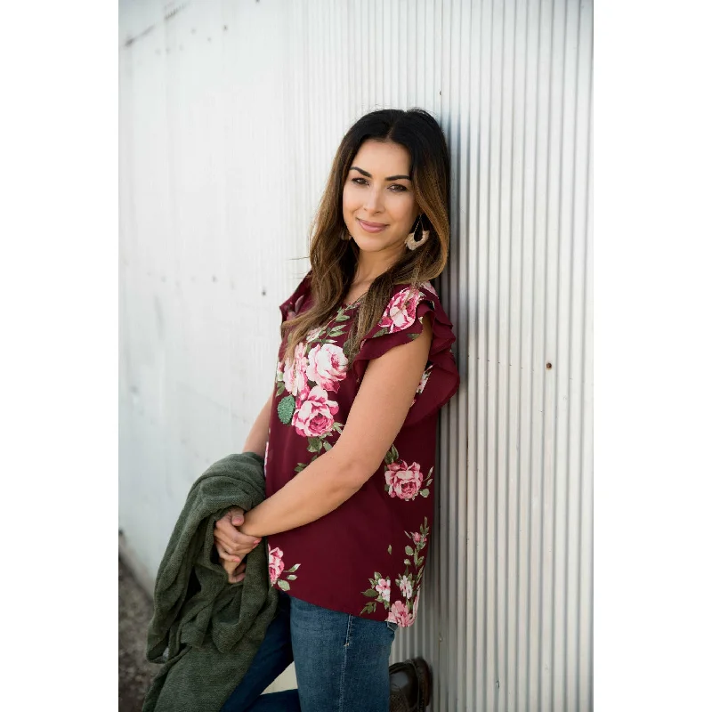 Your Favorite Sale is Back!Burgundy Floral Flutter Blouse