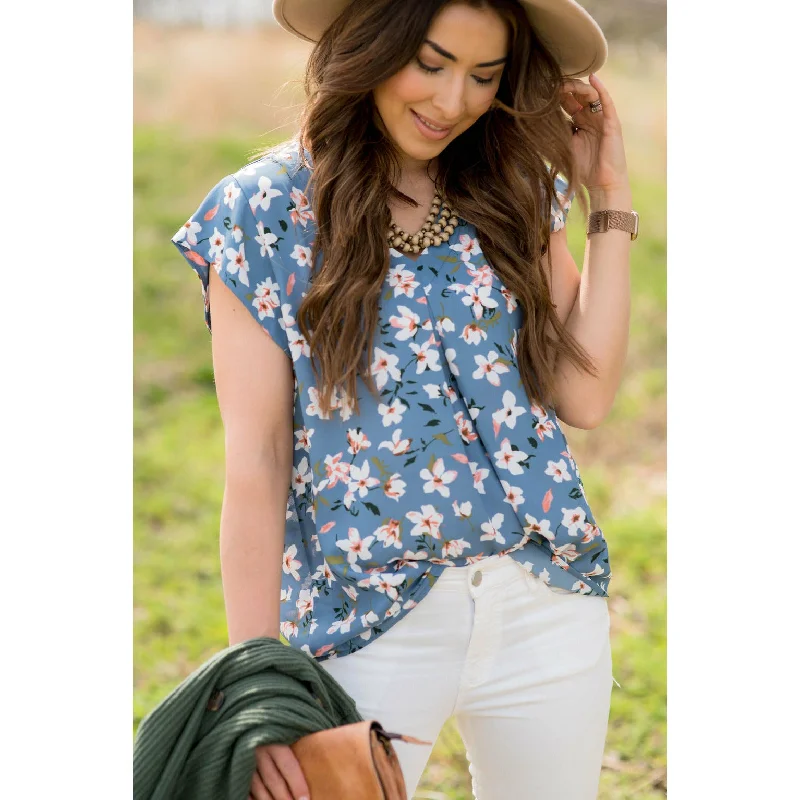 Find the Best Deals Here!Floral Tie Flutter Blouse - Blue