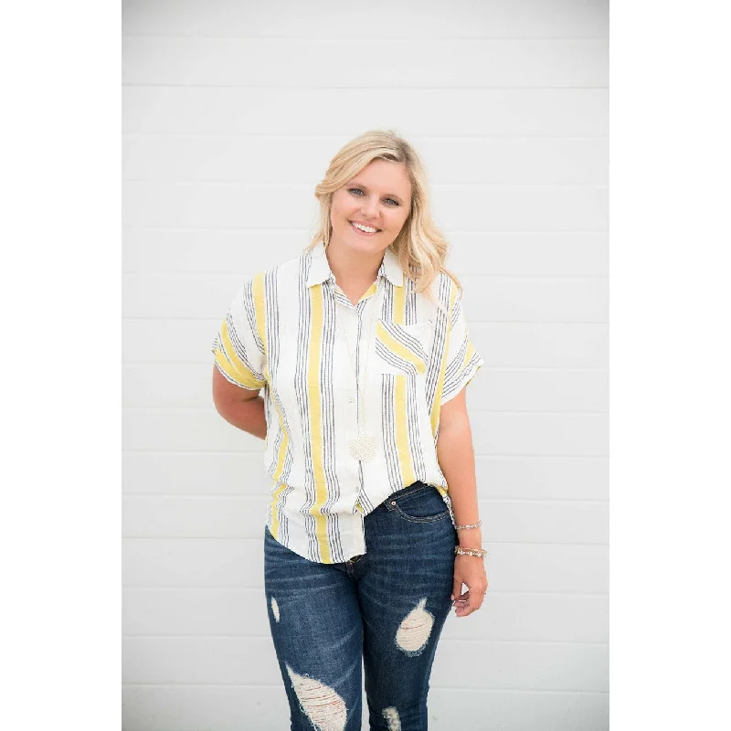 New Discounts Just Dropped!Hint of Yellow Striped Button Blouse