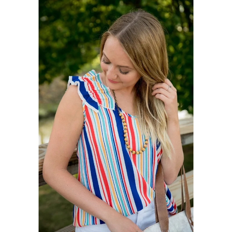 Enjoy Huge Discounts Now!Multi Striped Ruffle Flutter Blouse