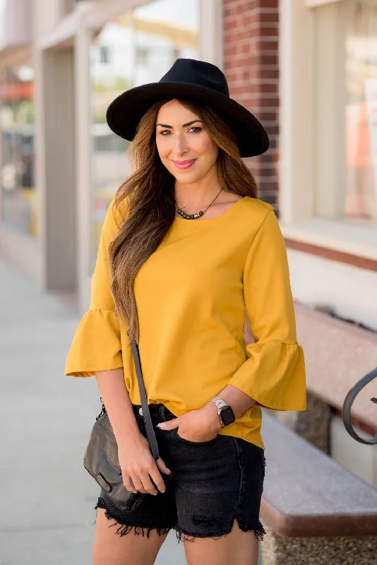 Limited Time Offer!Mustard Flutter Sleeve Blouse