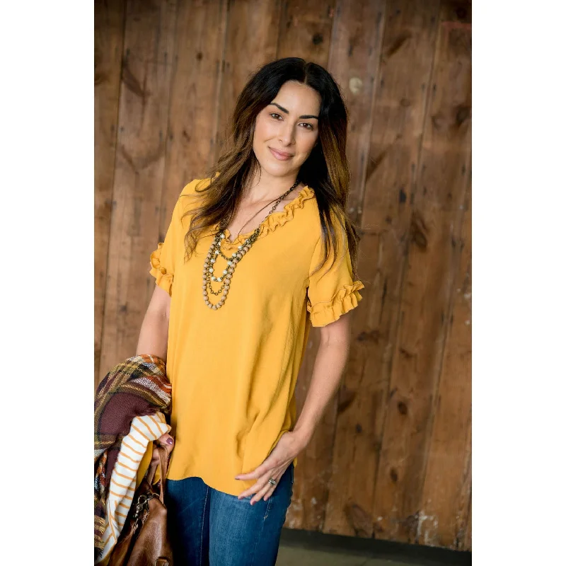 Huge Price Cuts Await!Mustard Ruffles V-Neck Blouse