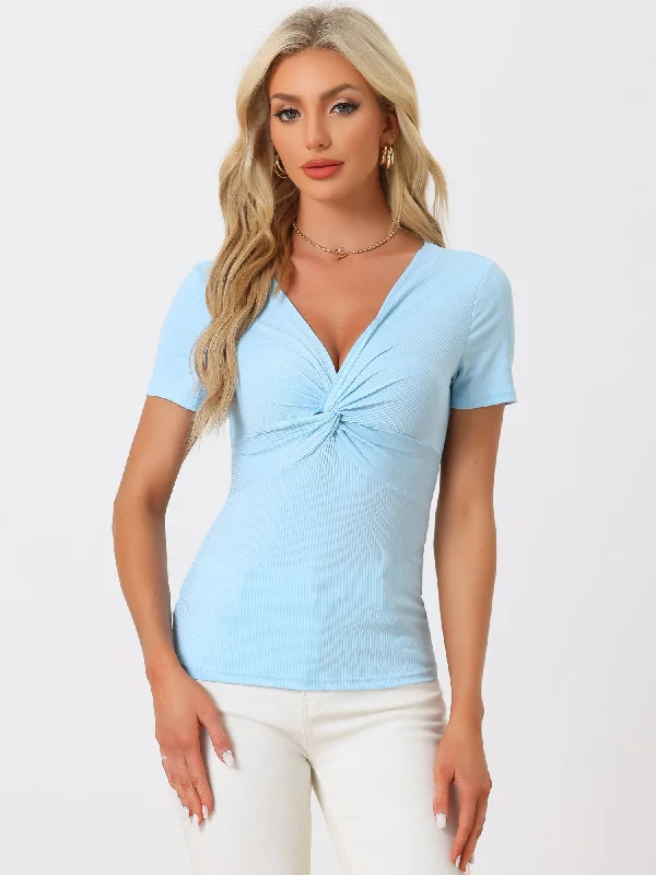 Enjoy Huge Discounts Now!Twist Front Short Sleeve V Neck Casual Blouse Top