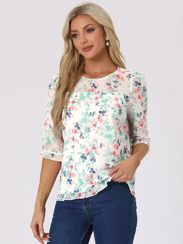 Flash Deals – Act Quickly!Casual Ruffle Floral Print 3/4 Sleeve Chiffon Blouse
