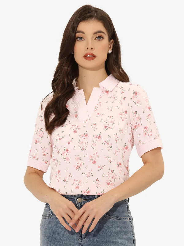 Your Shopping Wish, Our Discount Command!Floral Turndown Collar Split Neck Short Sleeve Elegant Blouse Your Shopping Wish, Our Discount Command!Floral Turndown Collar Split Neck Short Sleeve Elegant Blouse