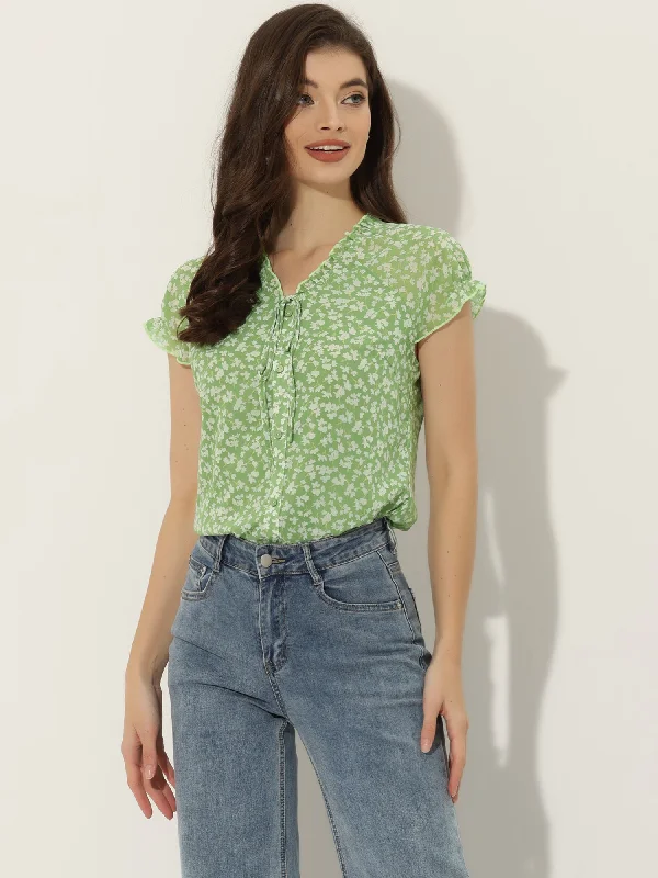 Biggest Sale of the Season!Ditsy Floral Print Chiffon Short Sleeve Ruffle Blouse
