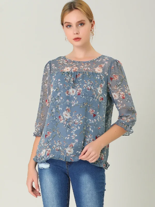 Today Only – Don’t Miss It!Casual Ruffle 3/4 Sleeve Floral Print Chiffon Blouse