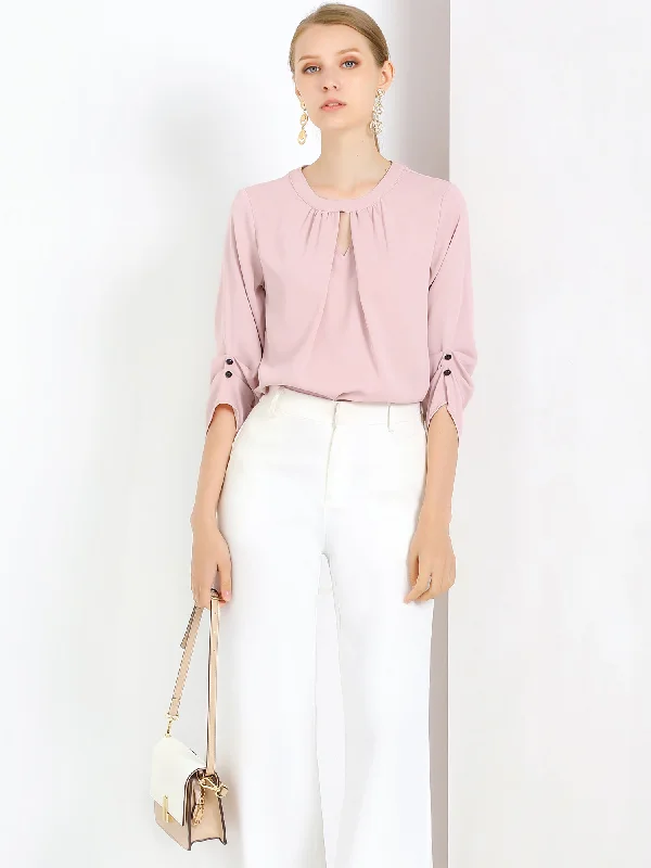 More Discounts, More Joy!Office Keyhole Pleated Front Ruched 3/4 Sleeve Chiffon Blouse