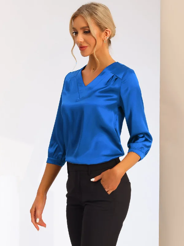 Limited-Time Price Drop!Casual Office Blouse 3/4 Sleeve V Neck Satin Shirt