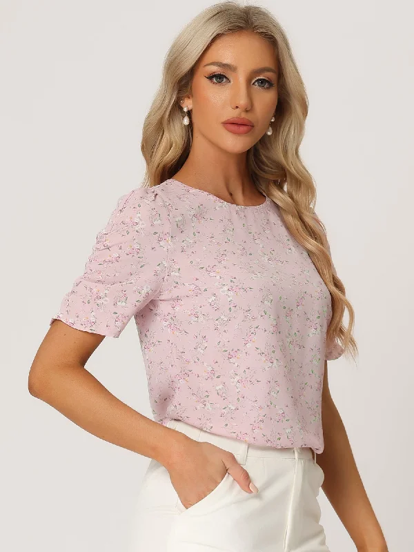 Shop Now and Save!Floral Crew Neck Ruched Sleeve Casual Blouse