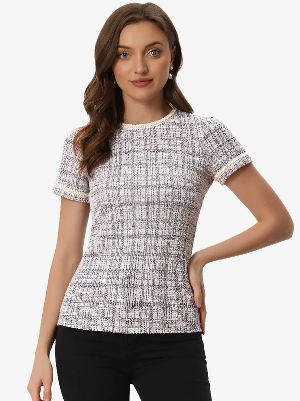 Hot Deals You Can’t Resist!Tweed Short Sleeve Top Casual Round Neck Pearl Decoration Blouse Hot Deals You Can’t Resist!Tweed Short Sleeve Top Casual Round Neck Pearl Decoration Blouse