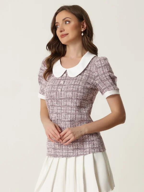 Hurry, Sale Ends Soon!Tweed Top Button Decor Peter Pan Collar Blouse