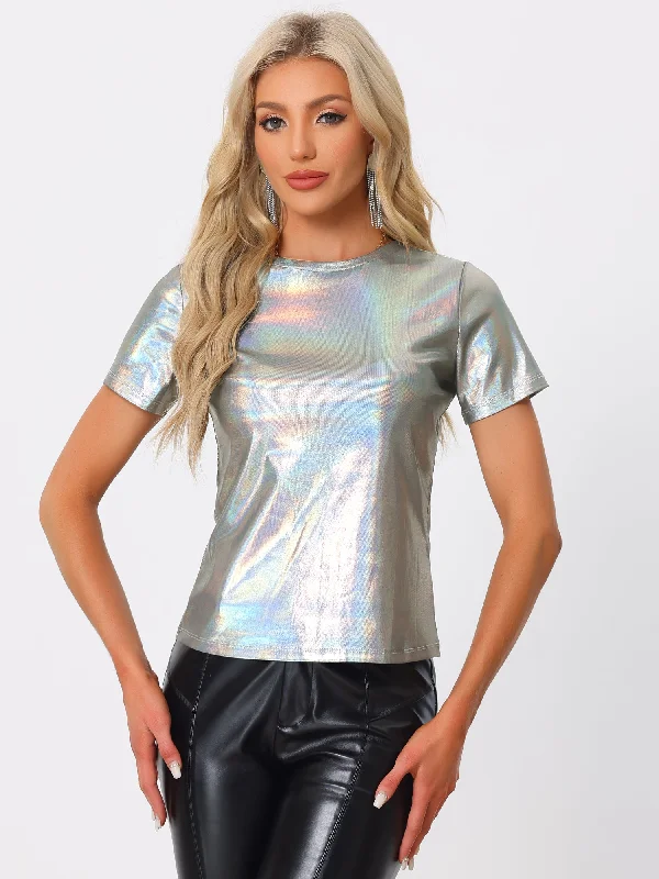 Shop Today, Save Tomorrow!Glitter Metallic Short Sleeve Shiny Multicolor Blouse