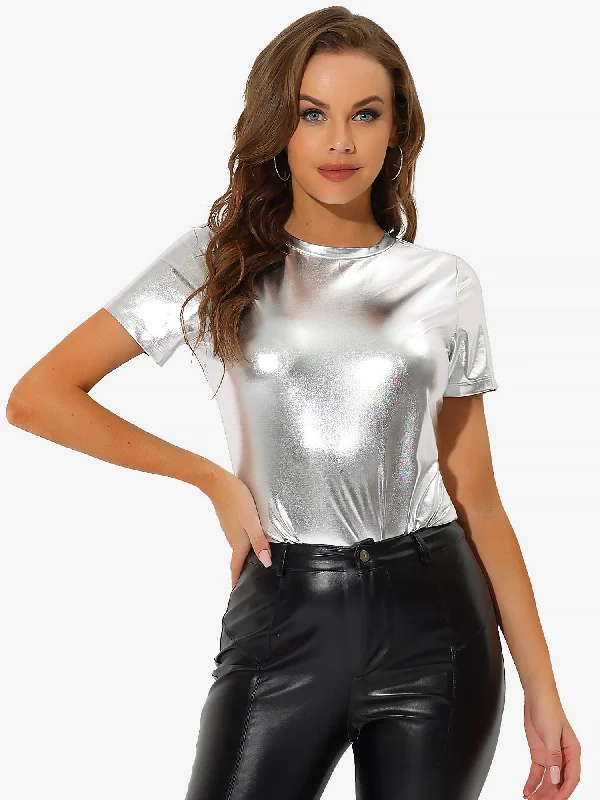 Get More for Less!Party Metallic Textured Short Sleeve Shiny Multicolor Top