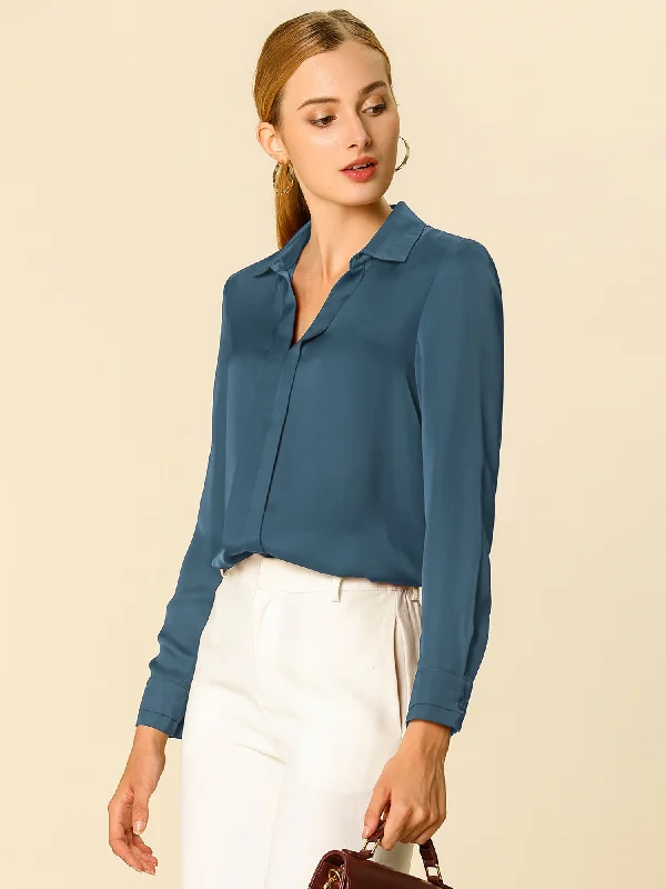 Exclusive Savings This Week!Satin V Neck Long Sleeve Silky Office Work Solid Shirt