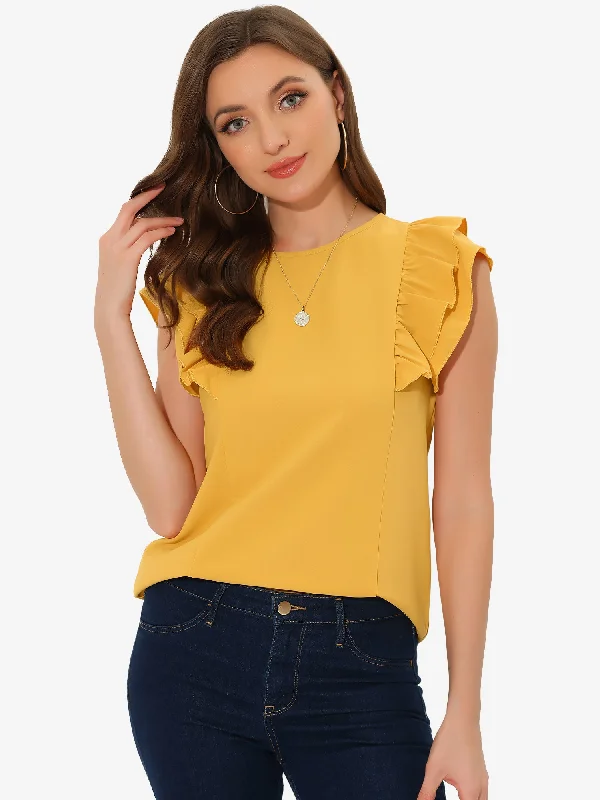 Mega Sale Happening Now!Ruffle Solid Round Neck Cap Sleeve Blouse Tops