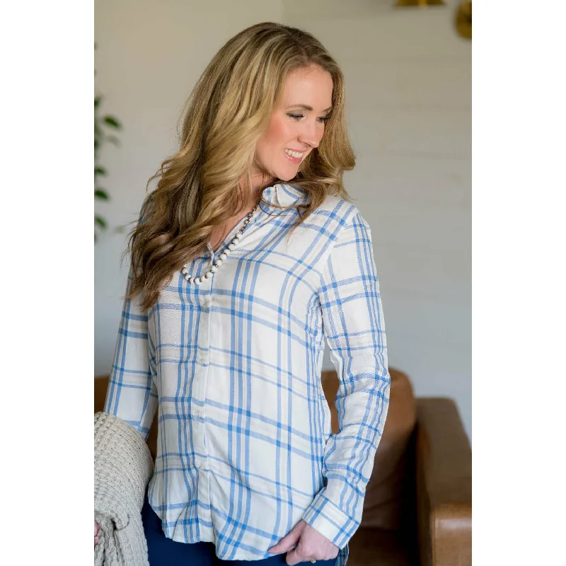 Save Up to 50% Off!Plaid Button Up Blouse - White